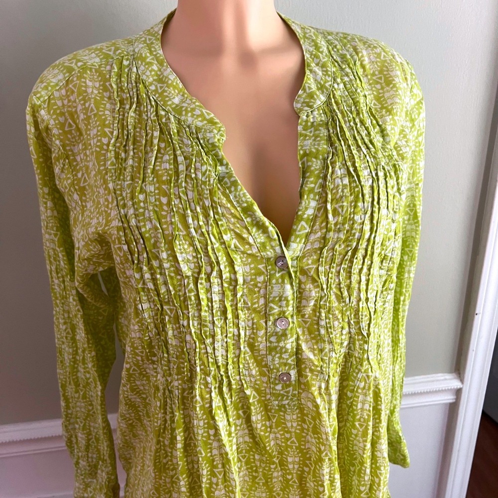 Rock Flower Paper Tunic Blouse Womens L Pintuck Cotton Chartreuse Green Boho - Picture 8 of 10